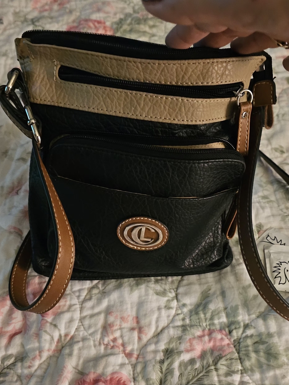 CL by Laundry- Black and Tan Crossbody Bag with Front Pocket